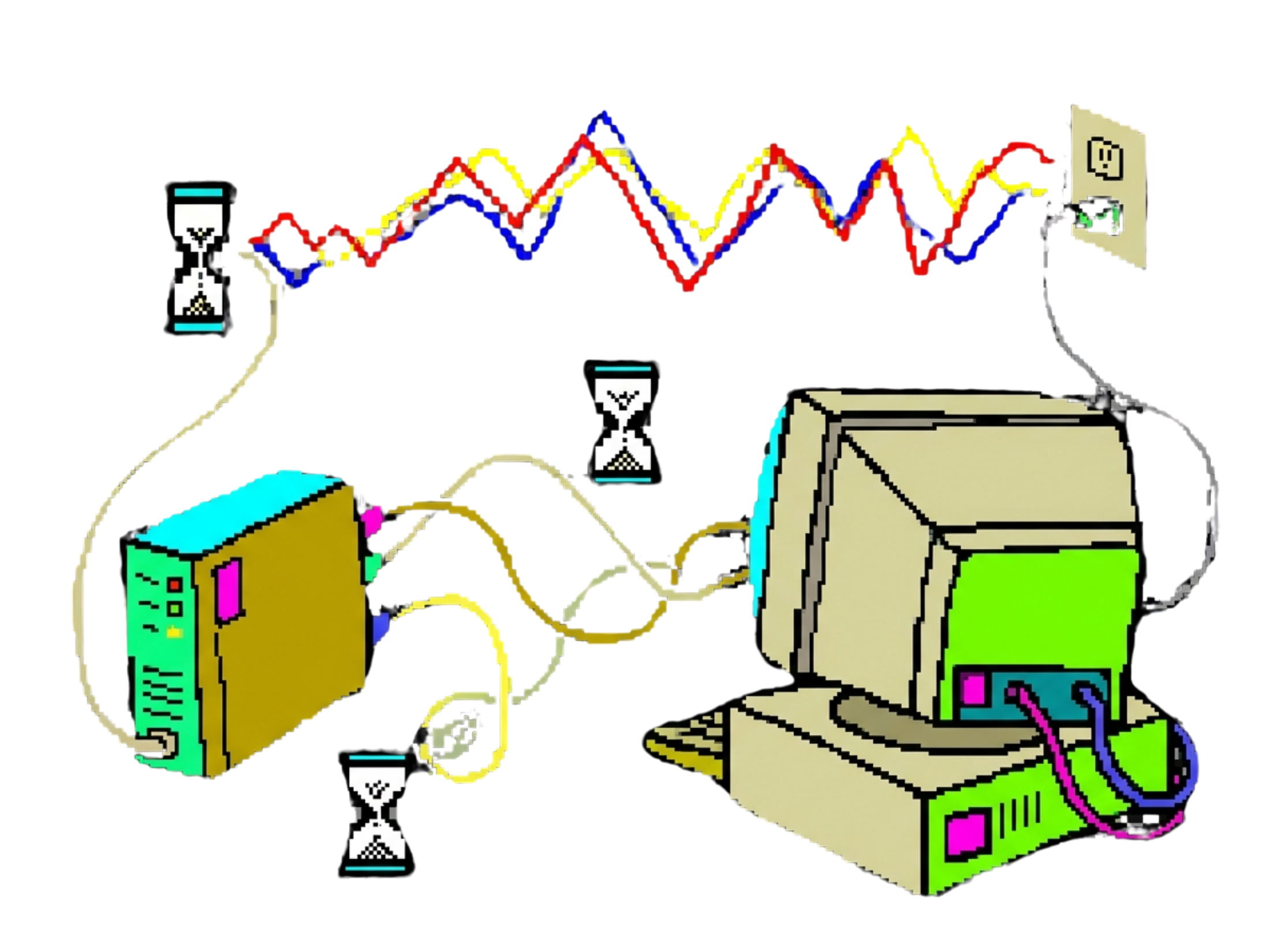 Two retro computers connected by tangled wires