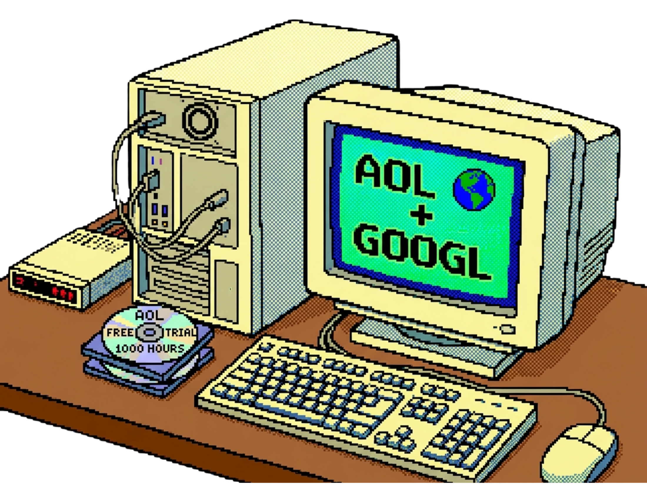 Retro computer displaying AOL plus GOOGL