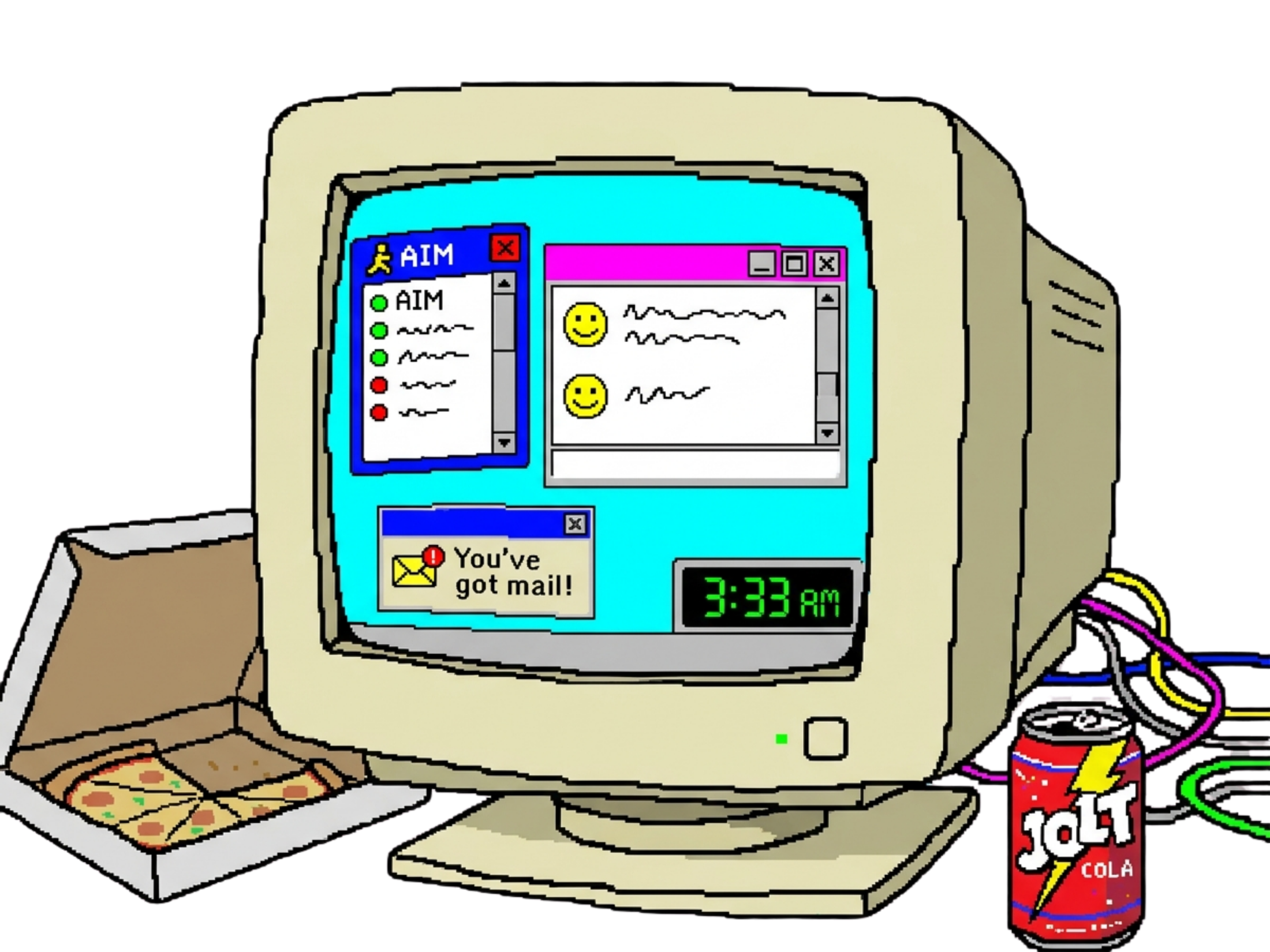 CRT with AIM, a mail notification, pizza and soda