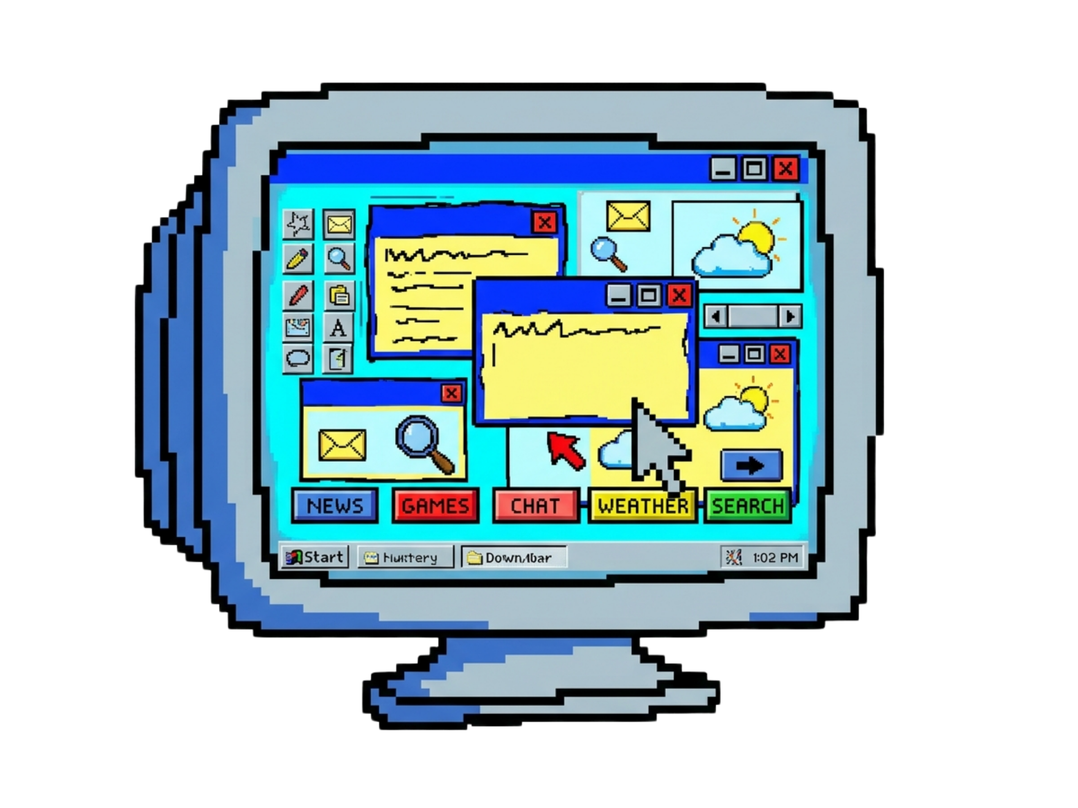 Retro monitor filled with colorful old software windows