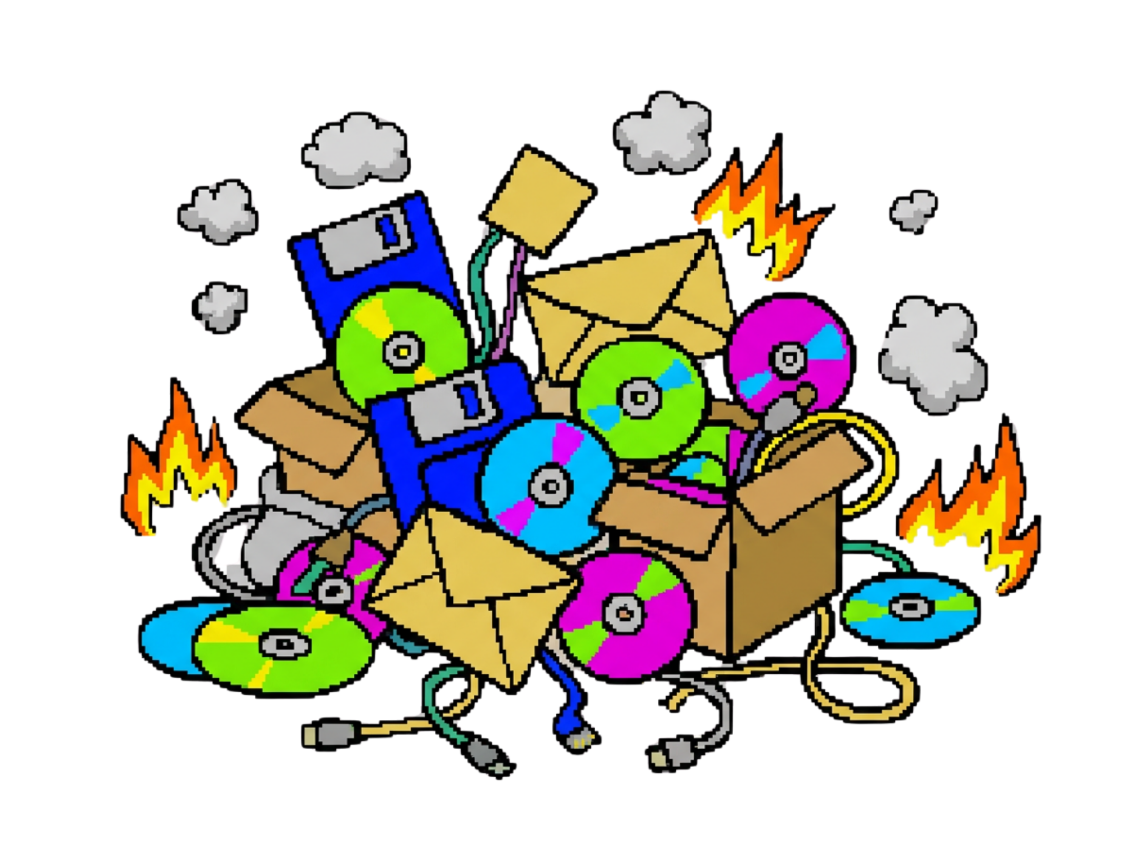 Pile of floppy disks, CDs, cables and email relics