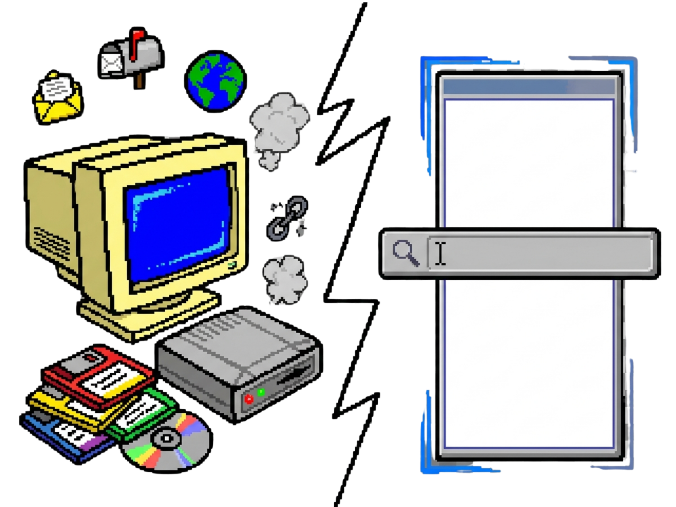 Old computer opposite a modern search page